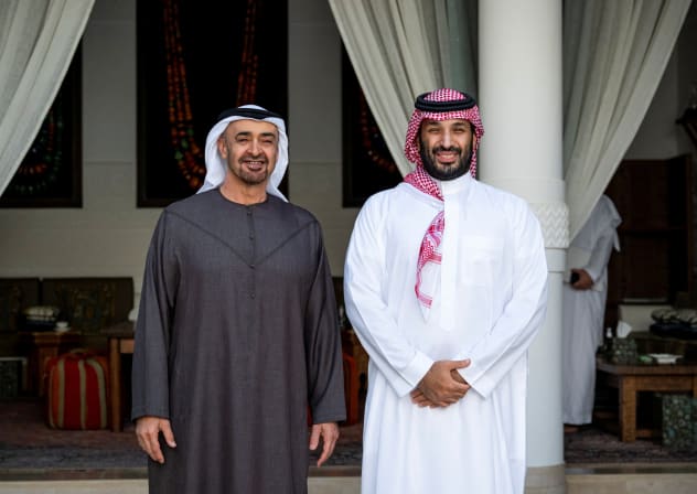 Sheikh Mohamed bin Zayed Al Nahyan (L), President of the United Arab Emirates, stands for a photograph with Crown Prince and Prime Minister of Saudi Arabia Prince Mohammed bin Salman bin Abdulaziz (R), in Riyadh, Saudi Arabia September 3, 2025.