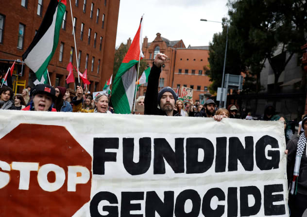People hold a banner during a pro-Palestinian protest after Israel intercepted some of the vessels of the Global Sumud Flotilla aiming to reach Gaza and break Israel's naval blockade, in Dublin, Ireland, October 2, 2025. 
