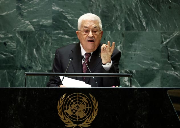 Palestinian Authority head Mahmoud Abbas addresses the UN General Assembly last year. He and his cohorts aspire to a single Palestinian state between the Jordan River and the Mediterranean Sea.