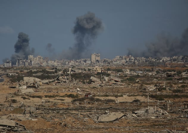Smoke rises following an Israeli military strike in Gaza City, as seen from the central Gaza Strip, October 6, 2025.
