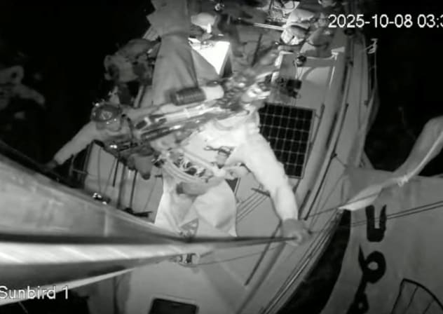 A screengrab from live footage shows an Israeli soldier smashing the CCTV camera of "Gaza Sunbird", a Gaza-bound vessel which is part of the Global Sumud Flotilla, with a gun as the boat is intercepted by Israeli security forces, in this screengrab obtained from a video released on October 8, 2025. 