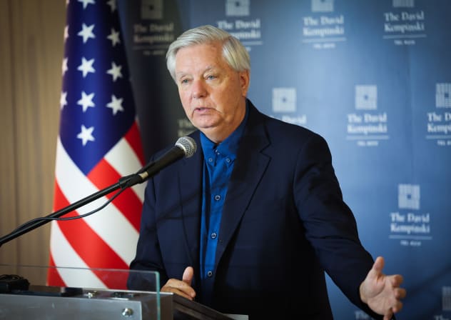 US Sen. Lindsey Graham speaks at a news conference in Tel Aviv in August. He has declared: ‘If America pulls the plug on Israel, God will pull the plug on us. I’m not going to let that happen.’