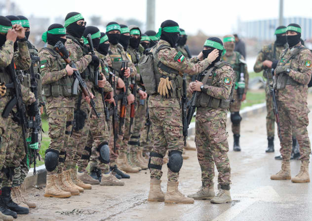 Palestinian Hamas terrorists seen in Rafah, in the southern Gaza Strip, February 22, 2025