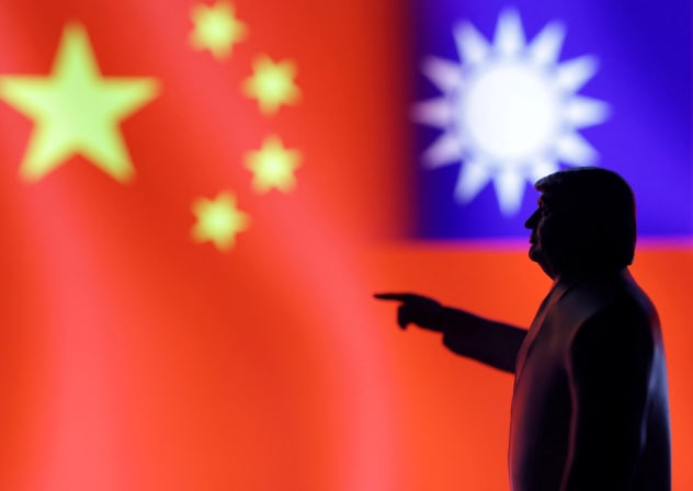 A 3D-printed miniature model depicting US President Donald Trump, Chinese flag and fragment of Taiwanese flag in this illustration taken, April 17, 2025.