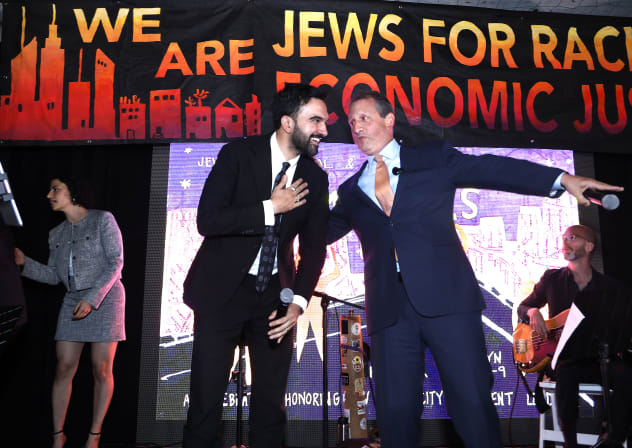 New York City mayoral candidate Zohran K. Mamdani and NYC comptroller Brad Lander speak during the Jews For Racial And Economic Justice's Mazals Gala on September 10, 2025 in New York City. 