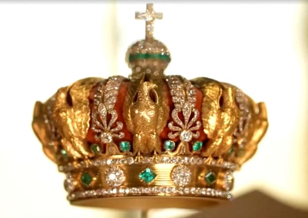 A crown worn by French Empress Eugenie, which was targeted by thieves during a heist at Paris' Louvre Museum on October 19, 2025 but was dropped during their escape, on display in this undated still frame from a video.