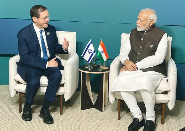 PRESIDENT ISAAC HERZOG meets with India’s Prime Minister Narendra Modi at the World Climate Action Summit in Dubai, 2023. India and Israel are together scripting a playbook for a new era, the writers maintain.