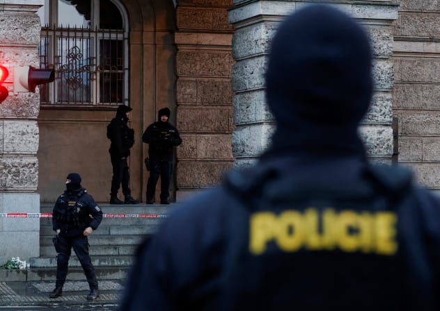 Members of the Police stand guard in Prague, Czech Republic, December 22, 2023. 