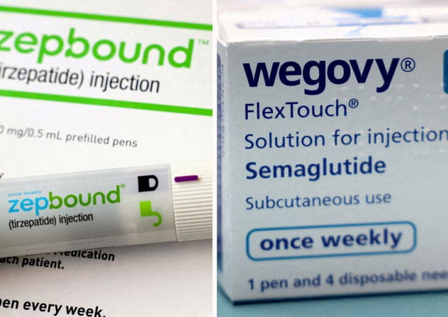 A combination image shows an injection pen of Zepbound, Eli Lilly's weight loss drug, and boxes of Wegovy, made by Novo Nordisk.