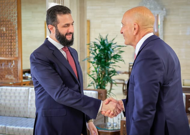 Syrian President Ahmed al-Sharaa meets US Special Envoy Tom Barrack in Damascus, Syria, December 1, 2025.
