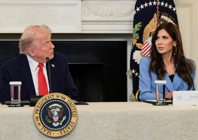 US President Donald Trump looks at US Homeland Security Secretary Kristi Noem as he participates in a roundtable on antifa, at the White House, October 8, 2025; illustrative.