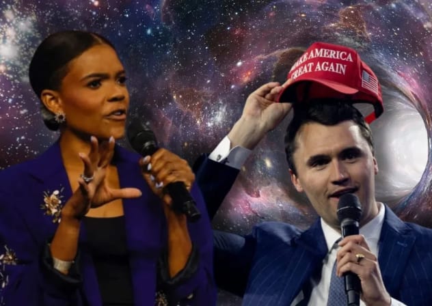 Candace Owens (izquierda) y Charlie Kirk sobre una foto ilustrativa de un agujero de gusano.