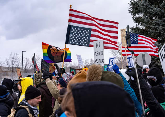 Protesters demonstrate against Immigration and Customs Enforcement after Renee Good was fatally shot by an ICE officer Jan. 7, 2026 in Minneapolis. 