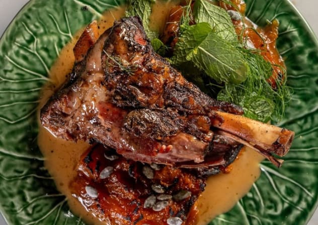 Lamb shank with coffee and cardamom vinaigrette, baladi pumpkin and mint, Katzir Restaurant at the David Kempinski Hotel, Tel Aviv.