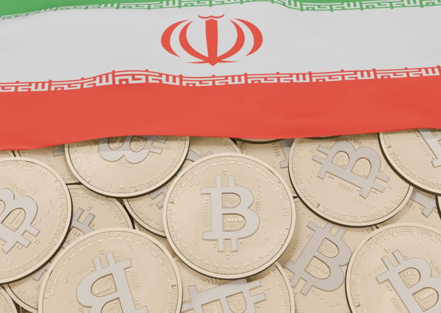 Bitcoins are seen on the background of the Iranian flag (illustrative)