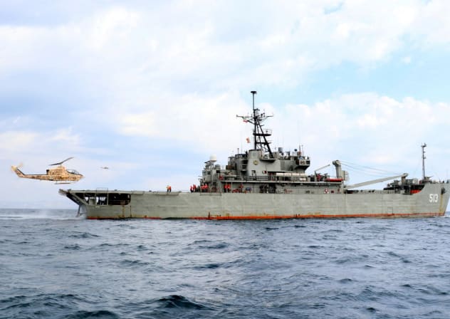 An Iranian military ship takes part in an annual drill in the coastal area of the Gulf of Oman and near the Strait of Hormuz, Iran, in this picture obtained on December 31, 2022