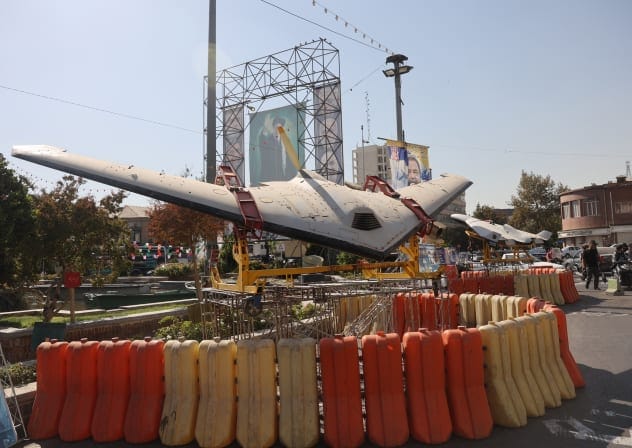 An Iranian drone is displayed during the Iranian Defence Week, in a street in Tehran, Iran, September 25, 2025.