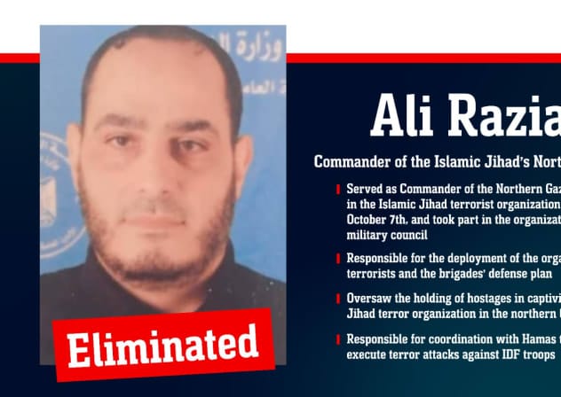 Profile of the terrorist Ali Raziana, who served as the Commander of the Northern Gaza Brigade in the Islamic Jihad terror organization. 