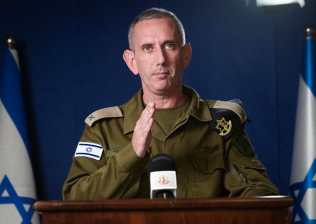 Daniel Hagari, then-IDF spokesman, gives a statement to the media in Tel Aviv on October 16, 2023.