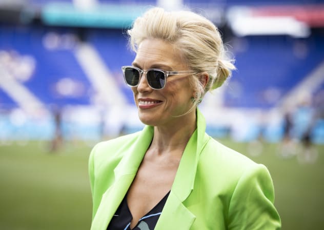 Hannah Waddingham of Ted Lasso fame on the pitch before lighting the NJ/NY Gotham FC torch before the National Women's Soccer League Women's Empowerment Match between NJ/NY Gotham FC and Angel City FC at Red Bull Arena on July 2, 2023 in Harrison, New Jersey. 