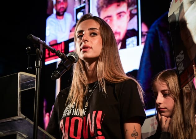 Former hostage Mia Schem speaks during a rally calling for the release of Israelis held hostage by Hamas terrorists in Gaza at Hostages Square, Tel Aviv, May 17, 2025; illustrative.