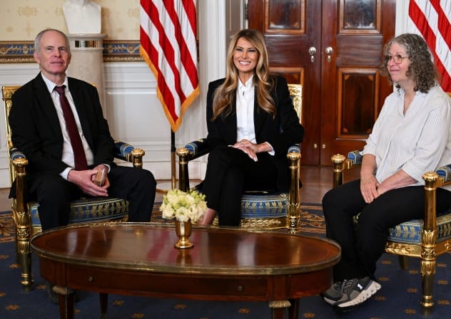U.S. first lady Melania Trump meets with freed American-Israeli couple Keith and Aviva Siegel, who were abducted by Hamas on October 7, 2023, at the White House in Washington, D.C., U.S., February 4, 2026. 