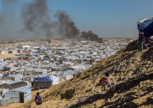 Smoke rises following an Israeli airstrike at the Ghaith Camp west of Khan Yunis, in the southern Gaza Strip, January 31, 2026