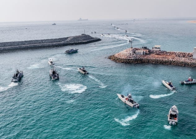 Islamic Revolutionary Guard Corps (IRGC) Navy's speedboats move during an exercise in Abu Musa Island, in this picture obtained on August 2, 2023