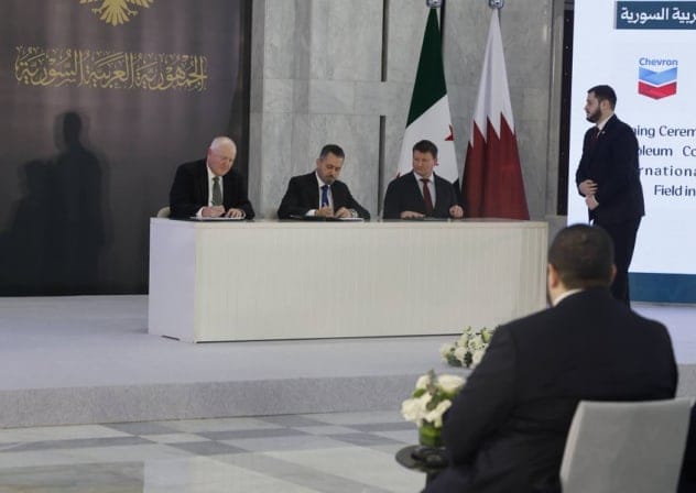 YUSUF QABLAWI, CEO of the Syrian Petroleum Company, Frank Mount, head of Corporate Business Development at Chevron, and Erik Keskula, CEO of Power International Holding, sign a memorandum of understanding to develop an offshore oil and gas field for Syria.