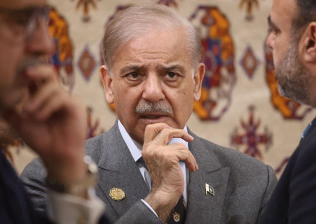 Pakistani Prime Minister Shehbaz Sharif grimaces prior to a bilateral meeting, on December 12, 2025 in Ashgabat, Turkmenistan. Putin arrived in Turkmenistan to participate in the Forum dedicated to the International Year of Peace and Trust