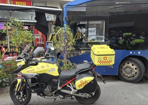 Magen David Adom paramedics respond to a bus crashing into a Ramat Gan store, February 6, 2026.