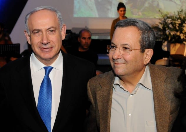 Prime Minister Benjamin Netanyahu seen with then-Defence Minister Ehud Barak at a farewell tribute held in honour.