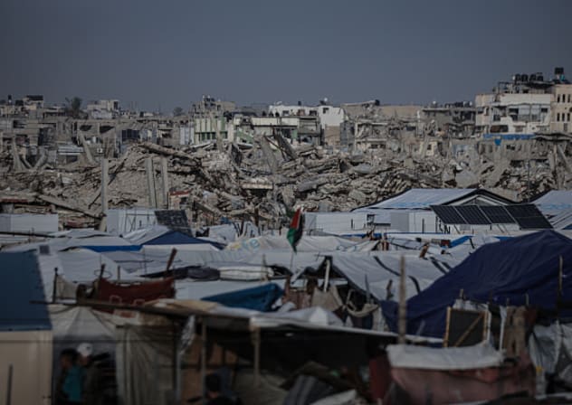 Displaced Palestinians receive prefabricated tents, which are safer and more durable, with the support of the United Nations Development Program (UNDP) in Al-Zaytun of Gaza City, Gaza on February 7, 2026.
