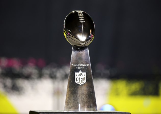 A detailed view of the Vince Lombardi Trophy during Super Bowl LX Opening Night at San Jose McEnery Convention Center on February 02, 2026 in San Jose, California. 