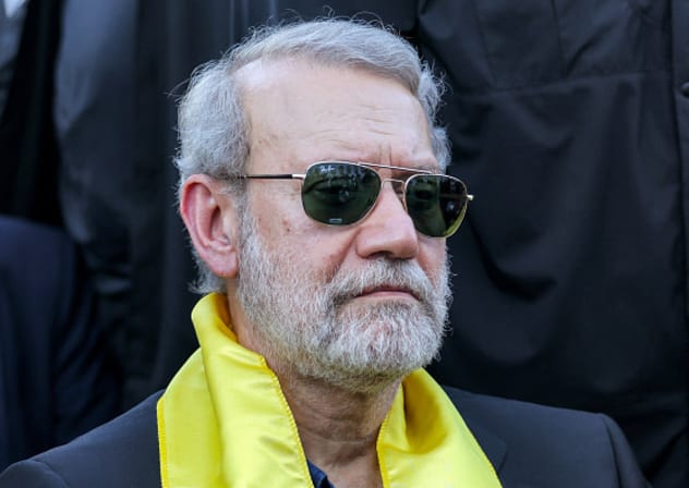  Iran's security chief Ali Larijani attends a ceremony by the Lebanese Shiite movement Hezbollah marking the first anniversary of Israel's assassination of their longtime leader Hassan Nasrallah, in Beirut's southern suburbs on September 27, 2025. 