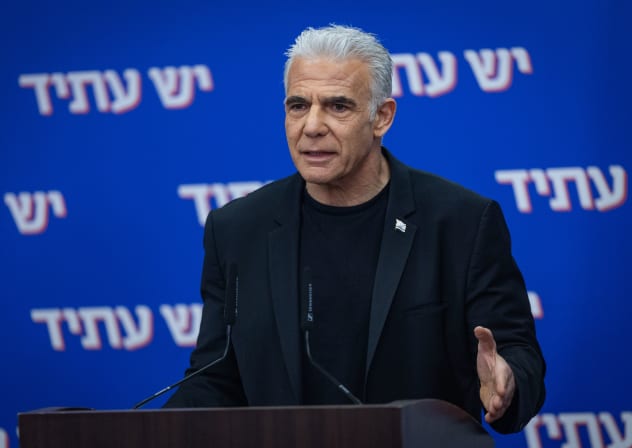 Opposition leader MK Yair Lapid leads a faction meeting at the Knesset, the Israeli parliament in Jerusalem, February 9, 2026