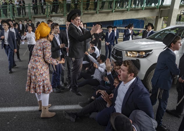 Haredi anti-draft protesters block Highway 4 near Bnei Brak denouncing the detention of a draft dodger, February 9, 2026.