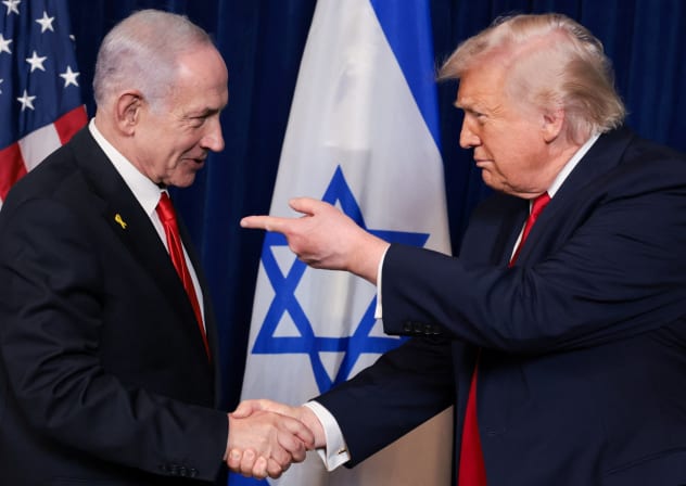 US President Donald Trump points his finger towards Israeli Prime Minister Benjamin Netanyahu as they shake hands during a press conference after meeting at Trump’s Mar-a-Lago club in Palm Beach, Florida, December 29, 2025.