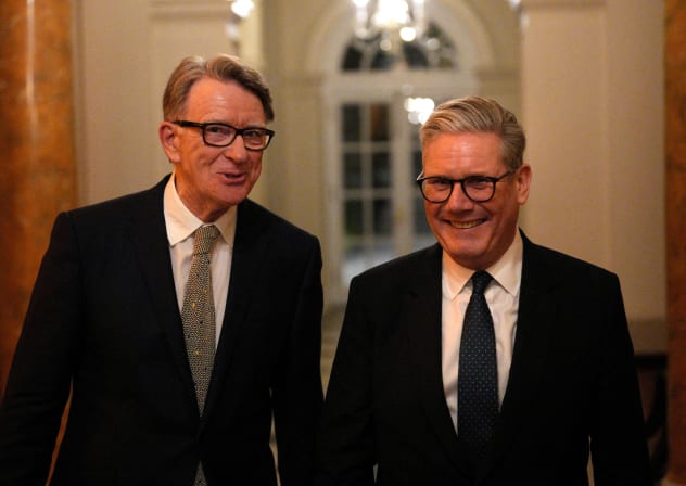 British Prime Minister Keir Starmer talks with Britain's ambassador to the United States Peter Mandelson during a welcome reception at the ambassador's residence on February 26, 2025, in Washington, DC, US. 