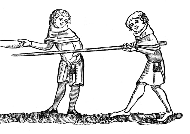 Target practice for jousting: consisting of a cross-bar turning upon a pivot with a broad part to strike against. Illustration after a manuscript in the Bodleian Library at Oxford. An engraving from The Sports and Pastimes of the people of England, by Joseph Strutt, (London, 1833).