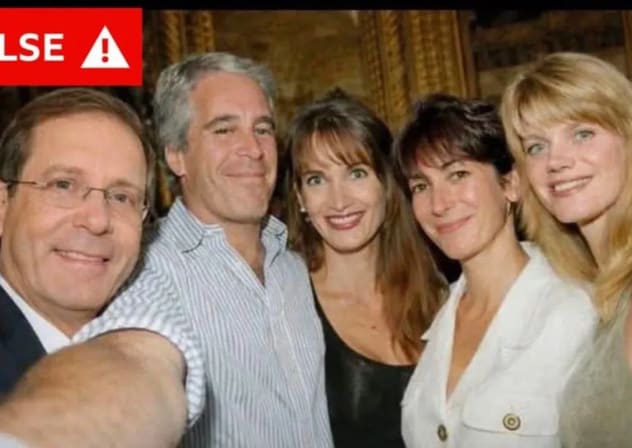 Una imagen generada por IA en la que se ve al presidente Isaac Herzog posando junto al pedófilo convicto Jeffrey Epstein, la traficante sexual Ghislaine Maxwell y otras personas, publicada por un periodista de The Times en X/Twitter el 9 de febrero de 2026.