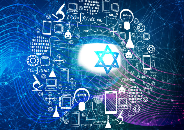 An illustrative image of an Israeli flag in the center of various symbols representing innovation and technology.