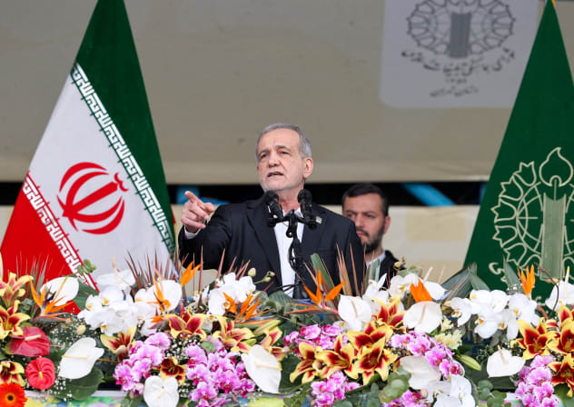 Iranian President Masoud Pezeshkian speaks during the 47th anniversary of the Islamic Revolution in Tehran, Iran, February 11, 2026.