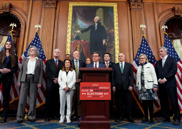 Speaker of the House Mike Johnson (R-LA), flanked by House Republican leadership and activists, speaks during a press conference after the Republican-controlled House of Representatives passed the SAVE America Act, DC, USA 