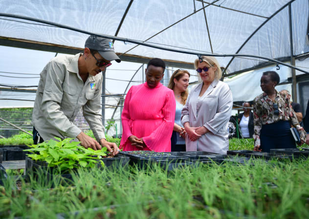 First Lady of Kenya Rachel Ruto at the Eshtaol Nursery of Keren Kayemeth LeIsrael, together with Karin Bolton, KKL-JNF section head for international organizations, and nursery manager Rotem Atias.
