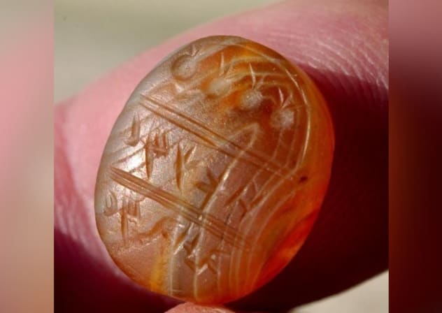 An 8th century stone seal believed to have belong to a high-ranking official of the biblical Kingdom of Judah. The inscription reads: “Belonging to Makhach (son of) Amihai." Picture released on February 12, 2026.