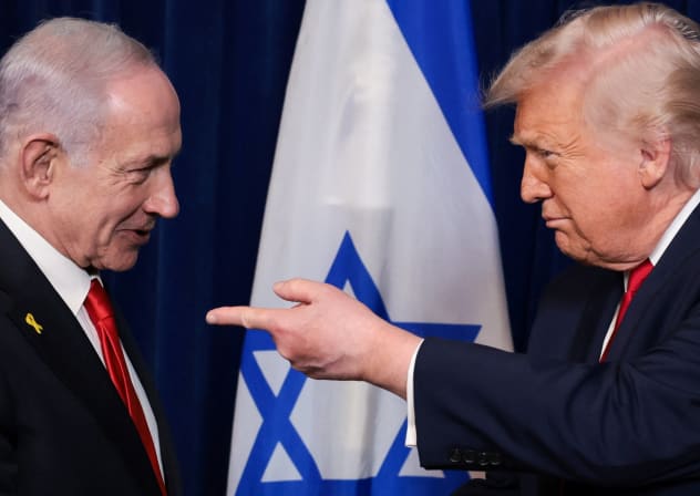 US President Donald Trump points his finger towards Israeli Prime Minister Benjamin Netanyahu during a press conference after meeting at Trump’s Mar-a-Lago club in Palm Beach, Florida, December 29, 2025.