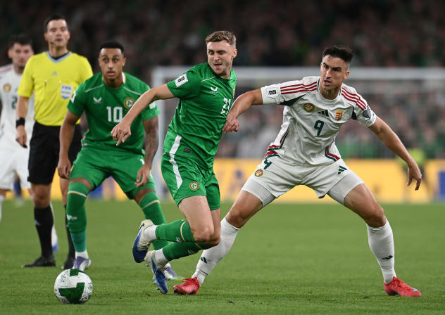  Barnot Toth of Hungary is challenged by Jack Taylor of Republic of Ireland during the FIFA World Cup 2026 qualifier match between Republic of Ireland and Hungary at on September 06, 2025 in Dublin, Ireland.