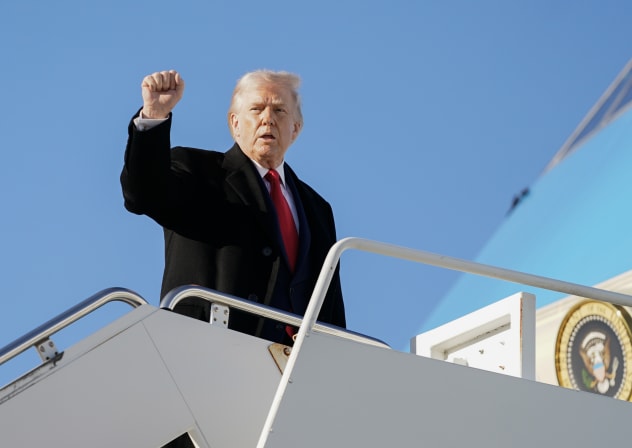 FORT BRAGG, NORTH CAROLINA - FEBRUARY 13: US President Donald Trump boards Air Force One at Pope Army Airfield after a visit to the Fort Bragg U.S. Army base on February 13, 2026 in Fort Bragg, North Carolina. Trump visited the base to honor special forces.