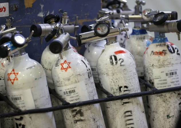 Medical oxygen canisters are seen for the reopening of the dedicated children's coronavirus disease (Covid-19) ward which reopened as a response to increased infections among Israel's children at Sheba Medical Center in the Israeli city of Ramat Gan, on January 11, 2022.